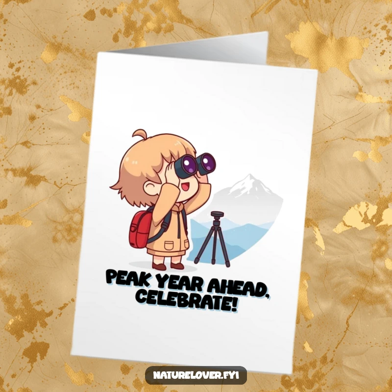 Funny Free Printable Birthday Card: Character with binoculars, excitedly spotting a distant, silhouetted mountain peak.