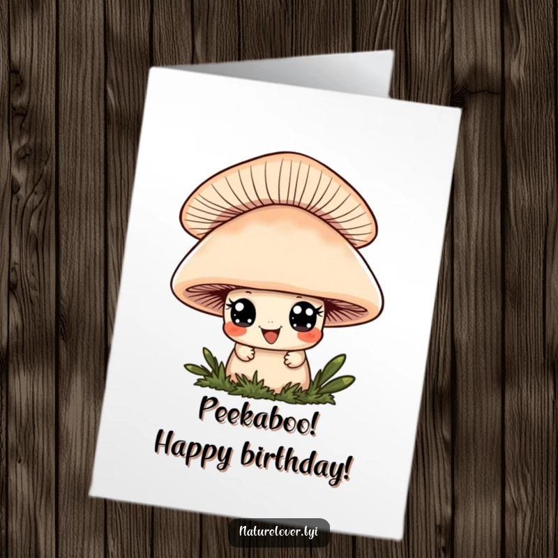 Funny Free Printable Birthday Card: A cute character with wide eyes and a grin peeks from behind a big mushroom.