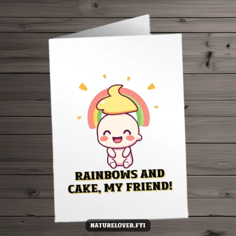 Funny Free Printable Birthday Card featuring a tiny character with a huge smile, joyfully admiring a vibrant rainbow, perfect for a cheerful greeting.