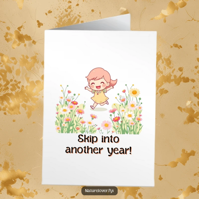 Funny Free Printable Birthday Card: Happy character joyfully skipping through a field of vibrant blooming wildflowers.