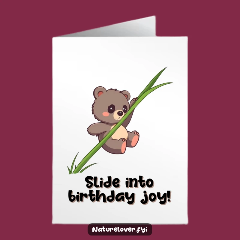 Free Printable Birthday Card: Clumsy Bear Cub Grass Slide, Funny Gift Download