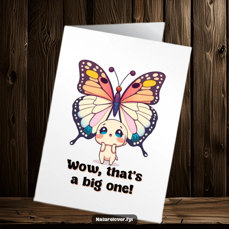 Funny Free Printable Birthday Card: Cute character gasps in awe at a ridiculously large butterfly, a humorous downloadable greeting.