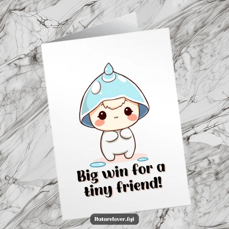 Funny Free Printable Congrats Card: Small character adorably struggles to balance a large dewdrop on its head as a hat.