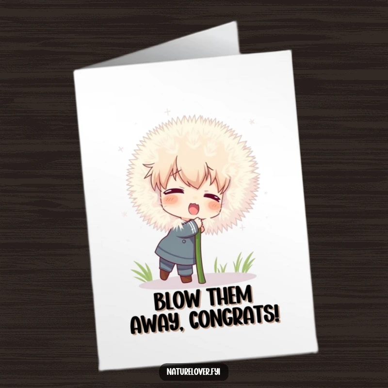 Funny Free Printable Congratulations Card: Character attempts to hug a comically large, fluffy dandelion, a joyfully downloadable gift.