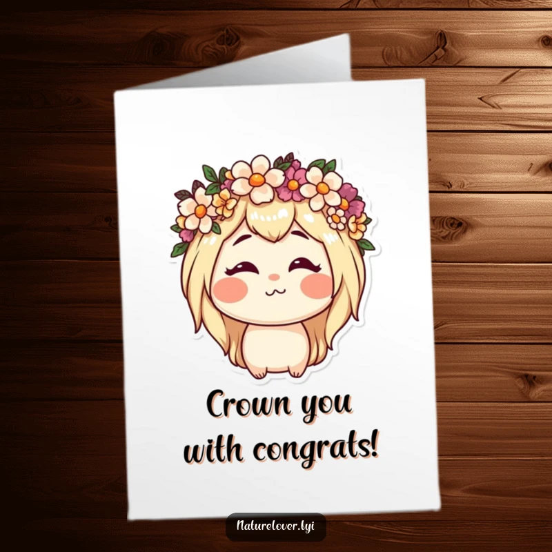 Funny free printable congratulations card, nature lover character proudly wearing a flower crown and making a funny face.