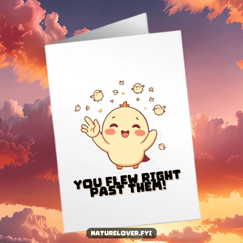 Funny Free Printable Congrats Card: Happy character enthusiastically waving at a flock of tiny birds, celebrating a wonderful achievement.