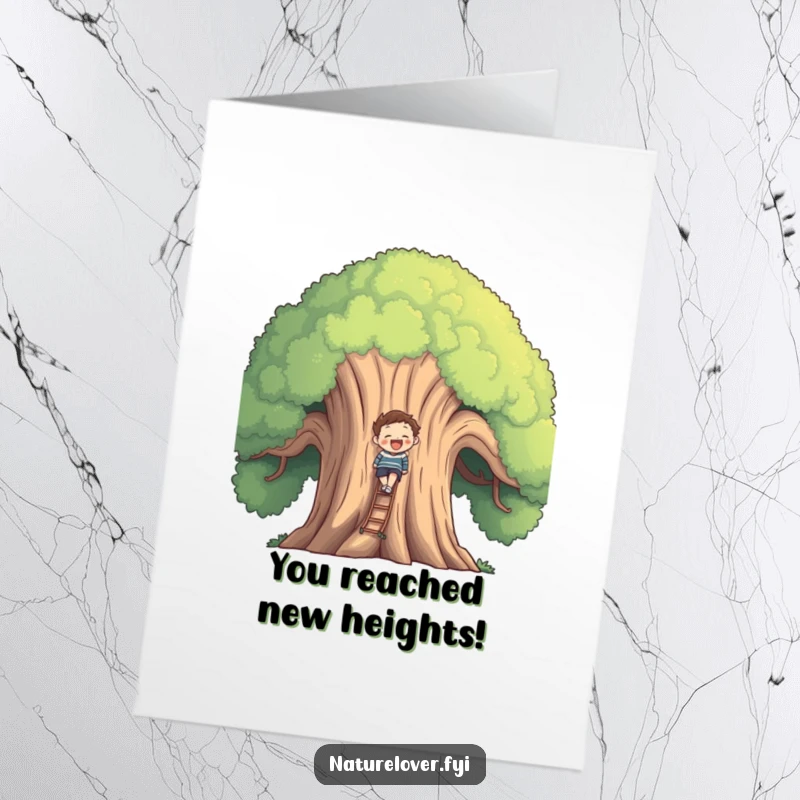 Funny Free Printable Congratulations Card: A happy figure climbing a giant, gentle tree, symbolizing overcoming challenges to success.