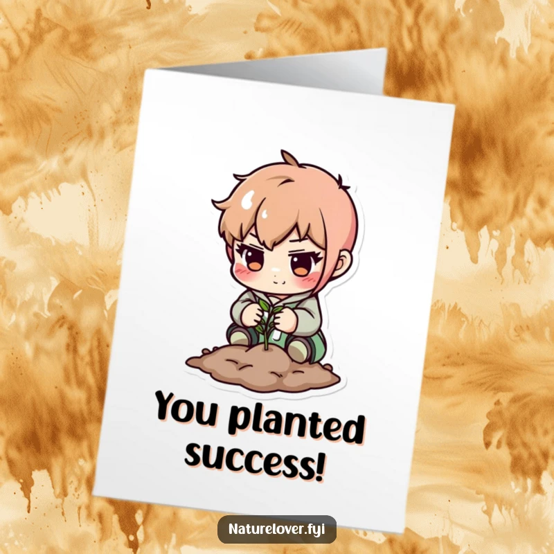 Funny Free Printable Congrats Card: Determined character carefully plants a small seed, representing growth and new beginnings, downloadable.