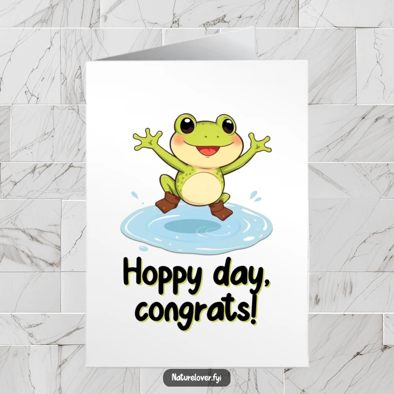 Funny Free Printable Congrats Card: A happy frog in little boots leaping into a huge puddle.