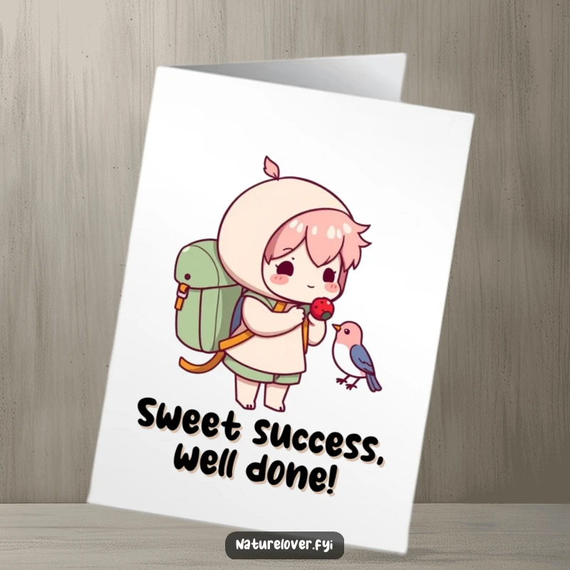Funny Free Printable Congratulations Card: Character with a backpack, offering a juicy berry to a small bird.