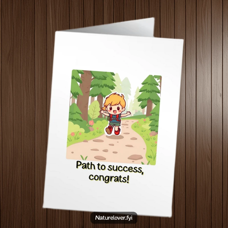Funny Free Printable Congratulations Card: Character in hiking boots merrily skips along a forest path, a wonderful downloadable gift.