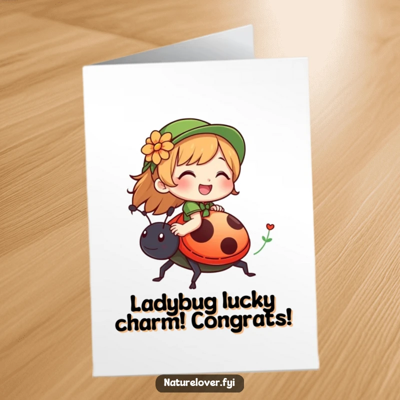 Funny Free Printable Congrats Card: Nature lover character giggling while riding a friendly ladybug, celebrating success.