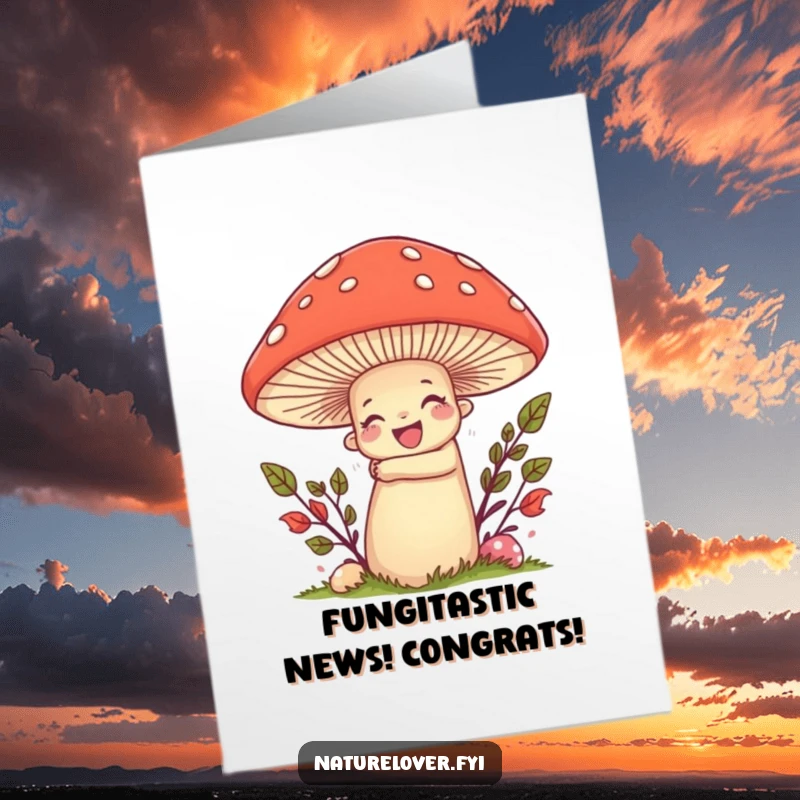 Funny Free Printable Congrats Card: Nature lover character embracing a huge, smiling mushroom, celebrating accomplishment.