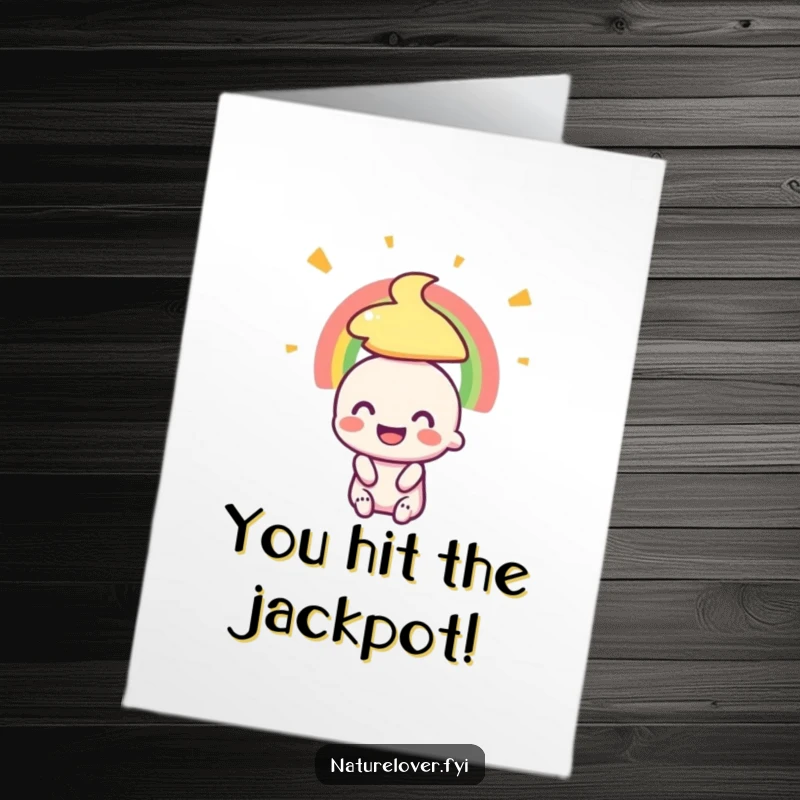 Funny Free Printable Congratulations Card: A tiny character beams with delight while admiring a rainbow, celebrating big wins.