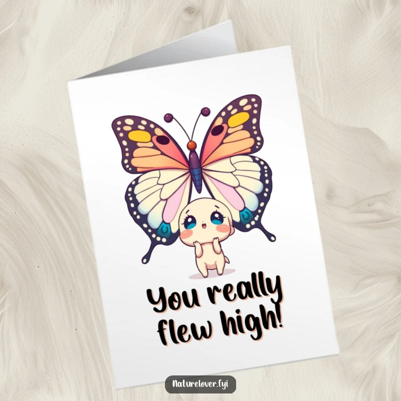 Funny Free Printable Congrats Card: Wide-eyed character shocked by an enormous butterfly, a humorous celebratory downloadable.