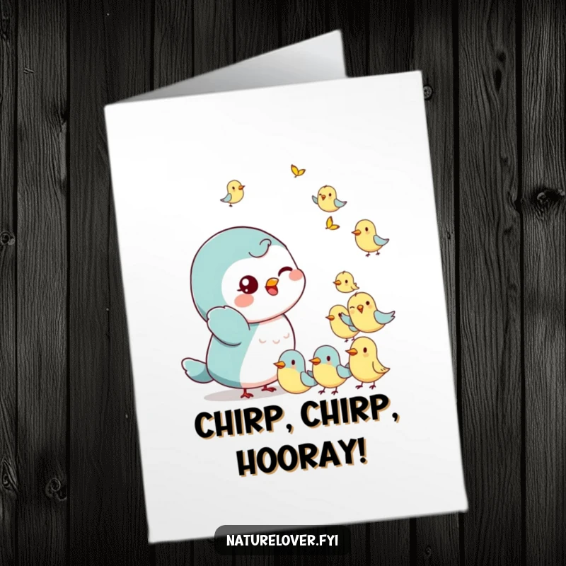 Funny Free Printable Congratulations Card: Small character gives a playful wink while waving at a flock of cheerful birds, celebrating their win.