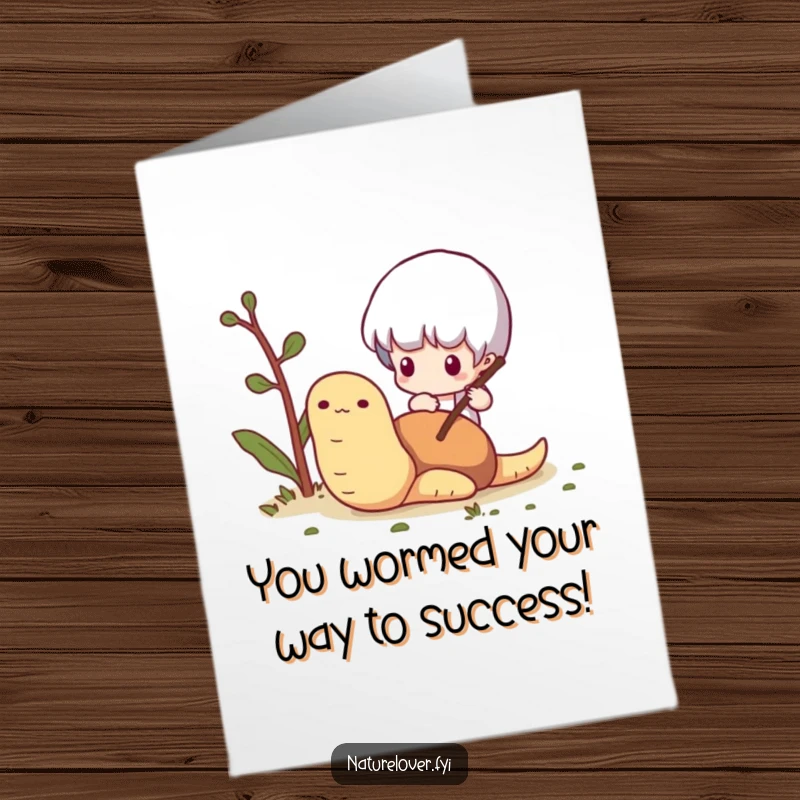 Free Printable congratulations card showing a tiny character curiously poking a worm with a twig, exuding playful humor.