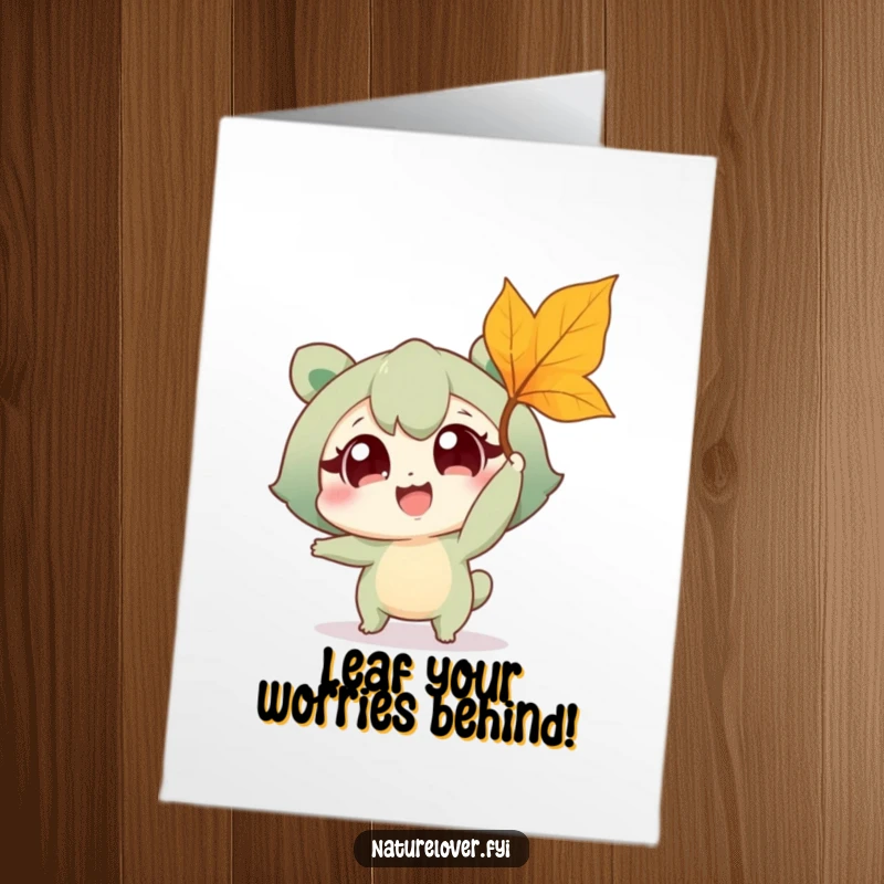 Funny free printable congratulations card, nature lover character celebrating by catching a fallen leaf.