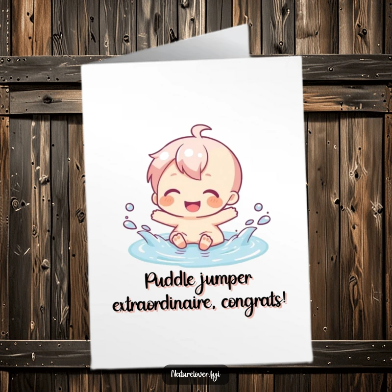 Funny Free Printable Congrats Card: Character joyfully splashing in a tiny puddle, celebrating life's simple pleasures.