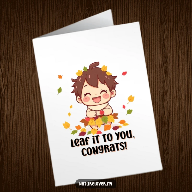 Funny Free Printable Congratulations Card: Character joyfully gathers colorful leaves, symbolizing a bountiful achievement.