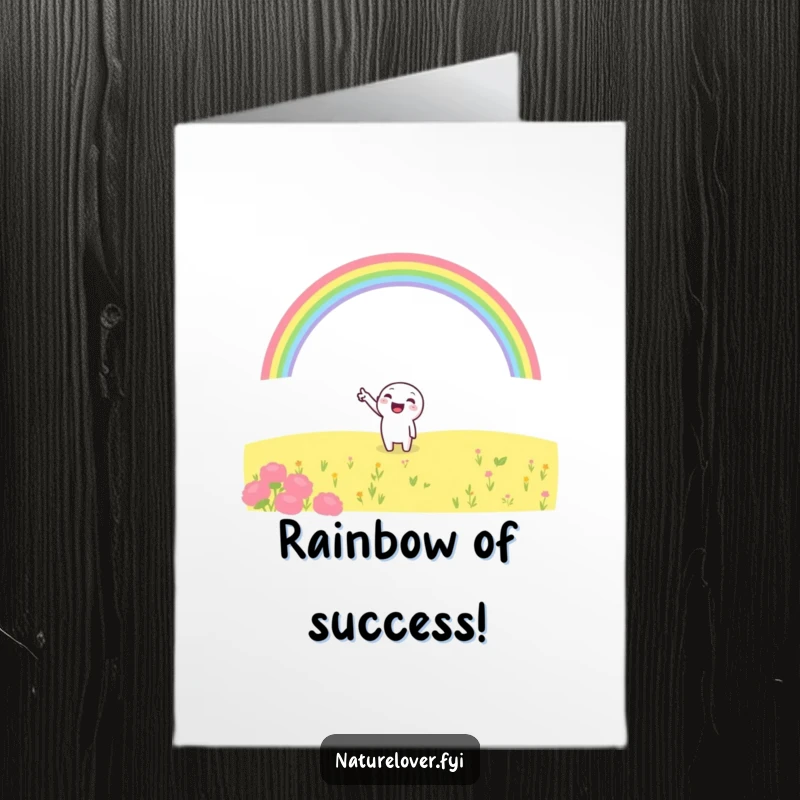 Funny Free Printable Congratulations Card: Cheerful character points towards a beautiful rainbow, signifying success and optimism.