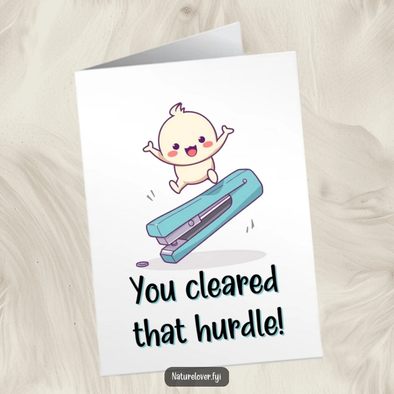 Funny Free Printable Congratulations Card: Cute character joyfully bouncing and leaping over a large twig, celebrating their achievement.