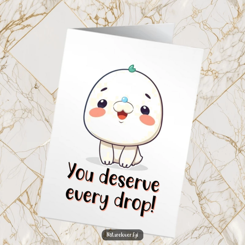 Funny Free Printable Congratulations Card: A character smiles with delight as a tiny raindrop lands on its nose.
