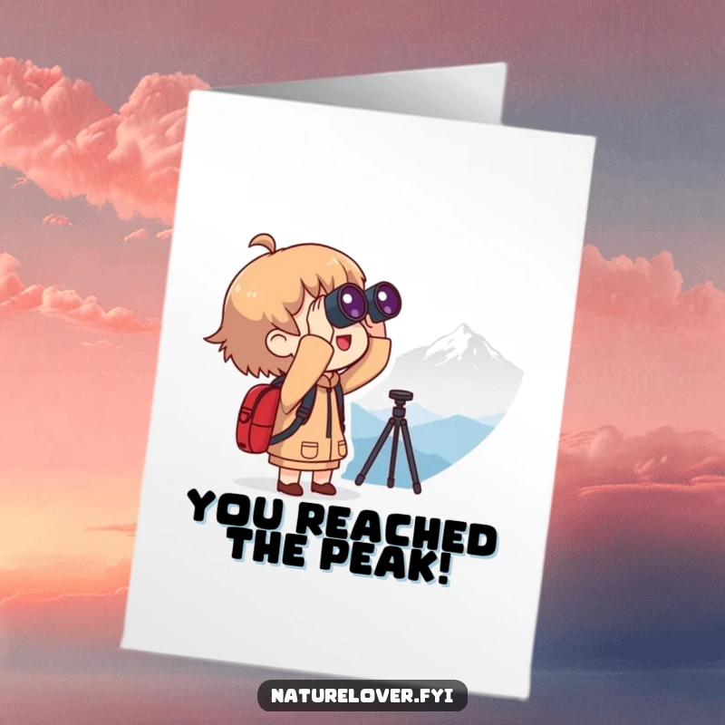 Funny Free Printable Congratulations Card: Character with binoculars, looking excited at a faraway silhouetted mountain.