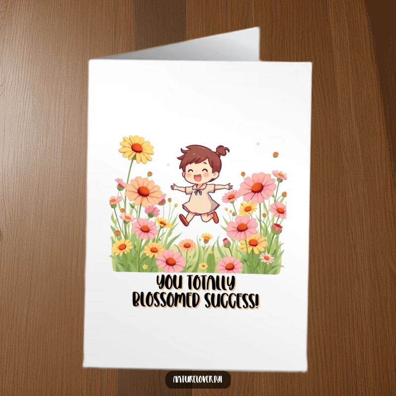 Funny Free Printable Congratulations Card: A joyful character skips through oversized wildflowers, celebrating success.
