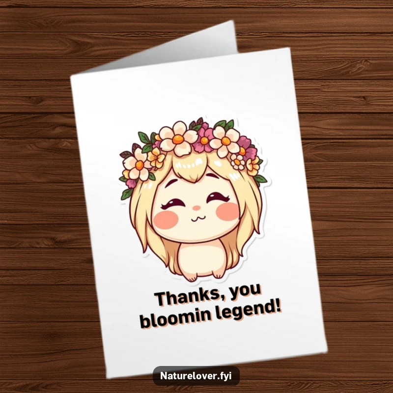 Funny free printable thank you card, nature lover character wearing a flower crown and grinning hilariously.