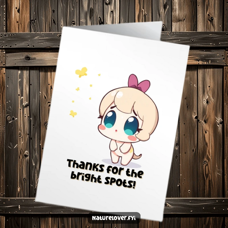 Funny Free Printable Thank You Card: Cute character watches with wide, amazed eyes as magical fireflies begin to glow, a beautiful thank you.