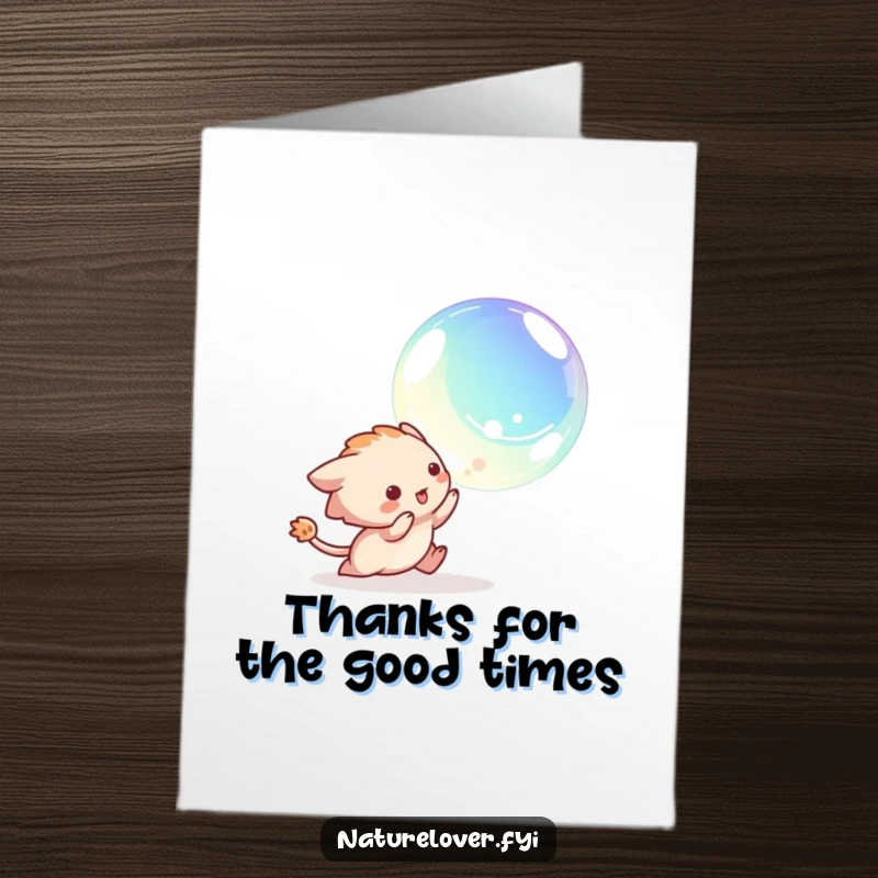 Funny Free Printable Thank You Card: A creature gleefully chases an iridescent bubble, a playful way to say thank you.