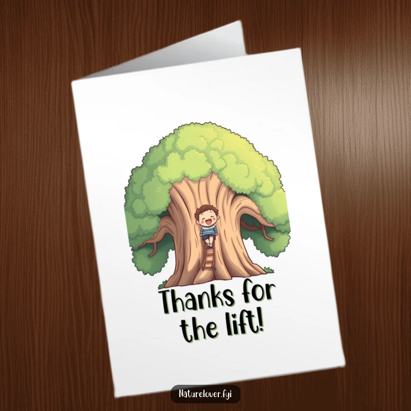 Funny Free Printable Thank You Card: A smiling figure climbing a massive tree, representing reaching out with thanks.