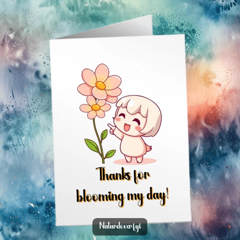 Funny Free Printable Thank You Card: Cute character joyfully points at a blooming flower, a heartfelt downloadable gift.