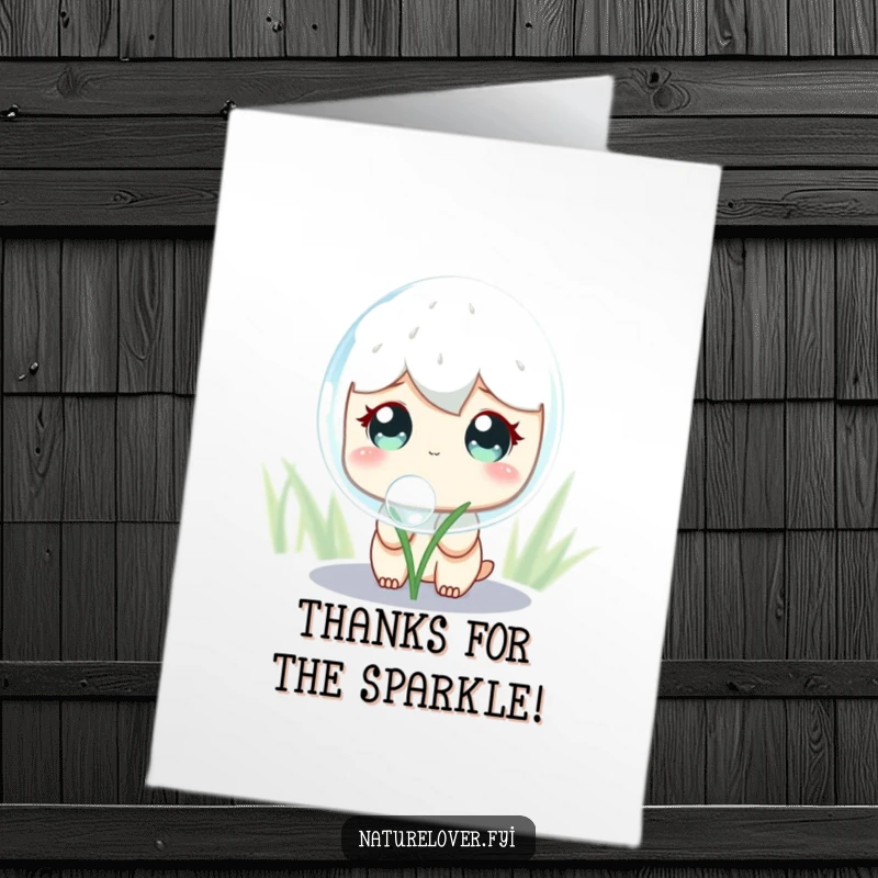 Funny Free Printable Thank You Card: Cute character with wide, curious eyes observing a huge, sparkling dewdrop, a unique way to say thanks.