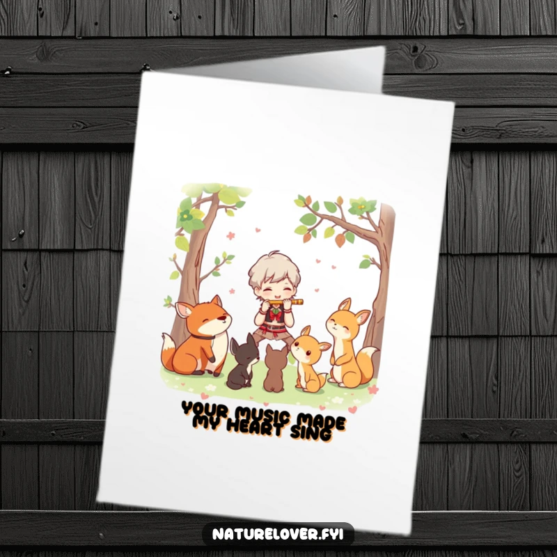 Funny Free Printable Thank You Card: Character plays flute for woodland creatures, expressing thanks. Sweet DIY gift.