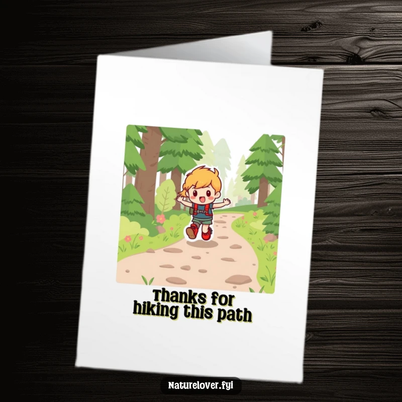 Funny Free Printable Thank You Card: Cheerful character wearing hiking boots skips along a forest path, a thoughtful downloadable gift.