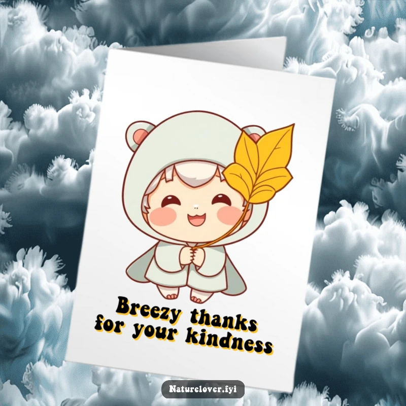 Funny Free Printable Thank You Card: Character happy to receive a golden leaf from a gentle, whimsical breeze.