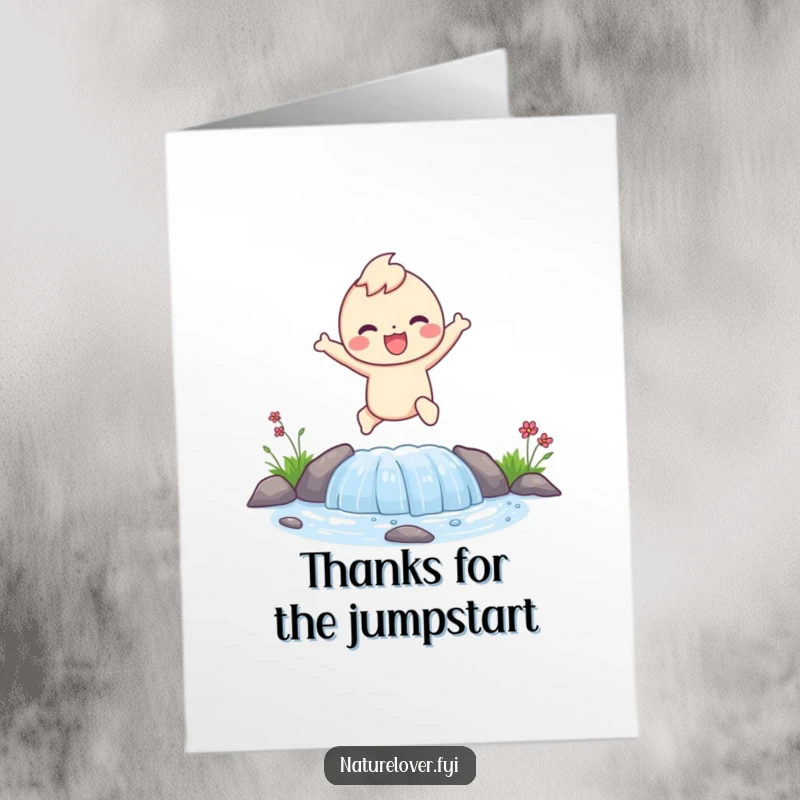 Funny Free Printable Thank You Card: Character joyfully leaps over a small bubbling stream, sending thanks.