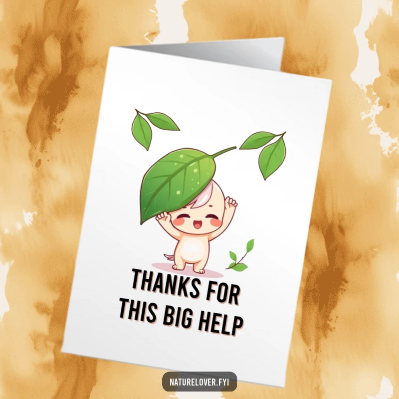 Funny Free Printable Thank You Card: A character balances a large leaf on its head, a downloadable card full of fun.