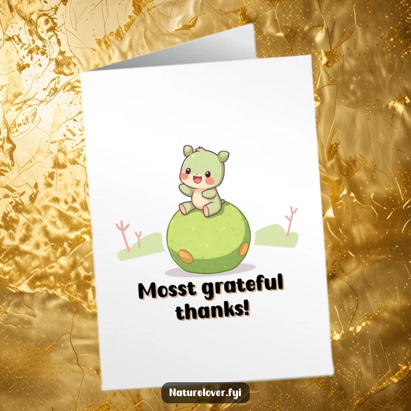 Funny Free Printable Thank You Card: Creature Riding a Rolling Moss Ball, Sending Gratitude in a Joyful, Gentle Way.