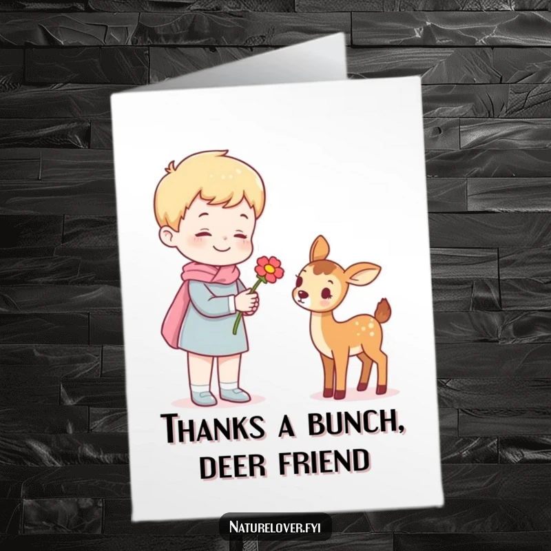 Funny Free Printable Thank You Card: Cheerful person offers a flower to a small deer, sweetly thanking them.
