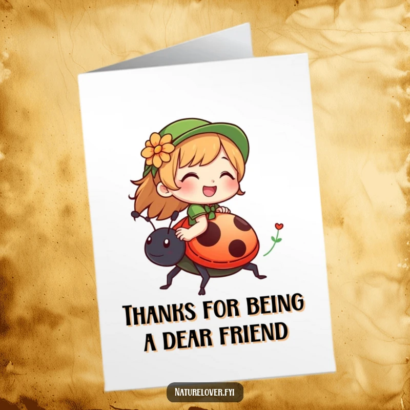 Funny Free Printable Thank You Card: Nature lover character giggling while riding a friendly ladybug, a thankful journey.
