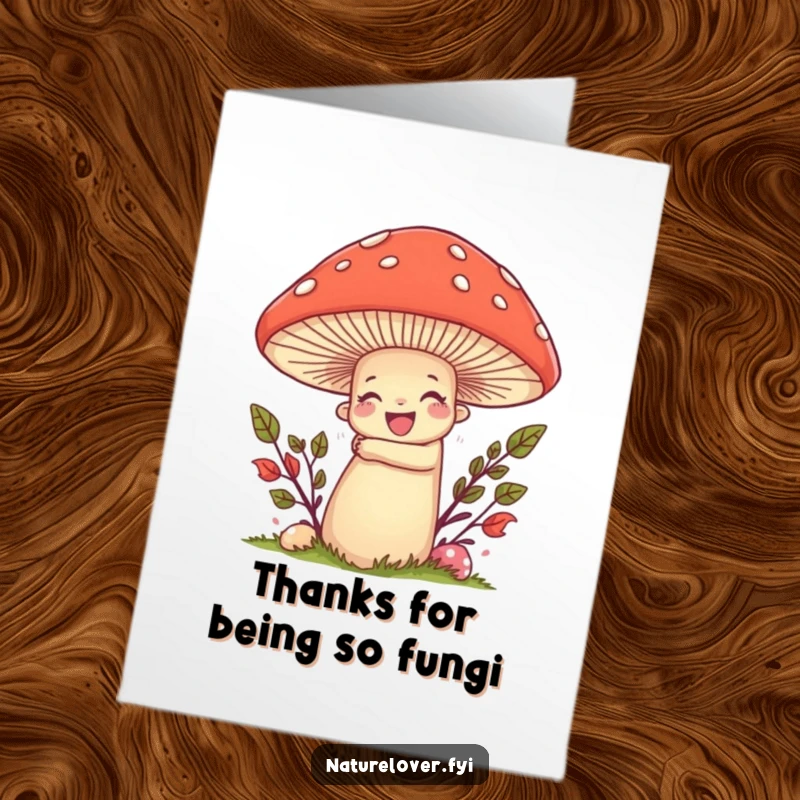 Funny Free Printable Thank You Card: Nature lover character giving a big hug to a giant, smiling mushroom, heartfelt thanks.
