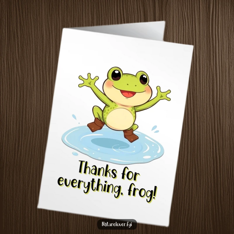 Funny Free Printable Thank You Card: A frog wearing boots having a blast jumping in a giant puddle.