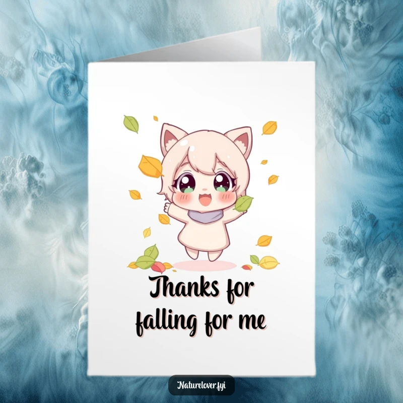 Funny Free Printable Thank You Card: Character joyfully catches a falling leaf with wide, happy eyes, a thoughtful downloadable gift.