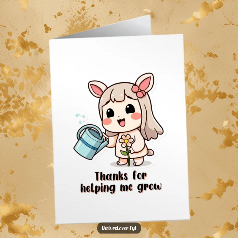 Funny Free Printable Thank You Card: Character with watering can, sprinkling water on a tiny, wilting flower.