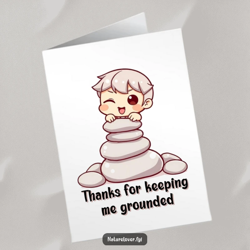 Funny Free Printable Thank You Card: Character balances stones with a wink, showing stability. Grounded DIY gift.