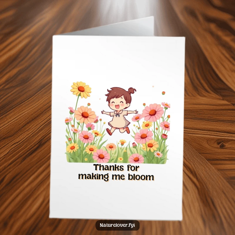 Funny Free Printable Thank You Card: A character joyfully skips through a field of huge wildflowers expressing thanks.