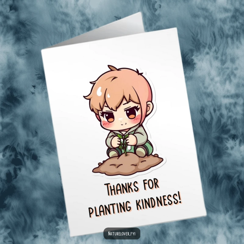 Funny Free Printable Thank You Card: Determined character carefully plants a tiny seed, symbolizing growth and care, a thoughtful downloadable.